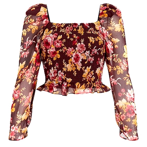 NWT Express L Floral Smocked Square Neck Long-sleeve Top - Picture 2 of 5